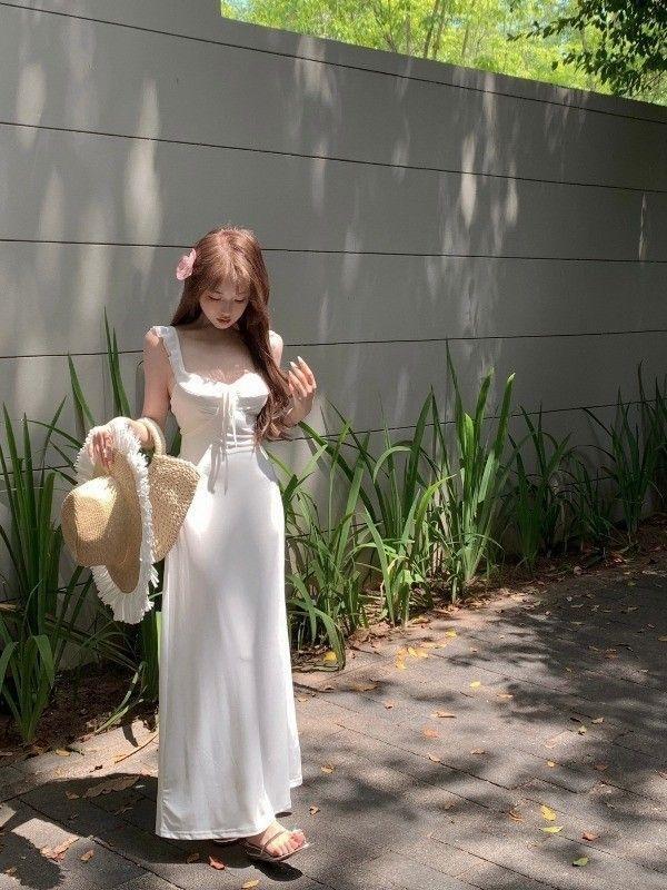 Gentle Wind White Suspender Halter Dress Children's Summer New Seaside Fairy Beautiful Long Dress