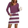 Women's Fashion V-Neck Long Sleeve Drawstring With Pocket Stripe Printed Casual Dresses