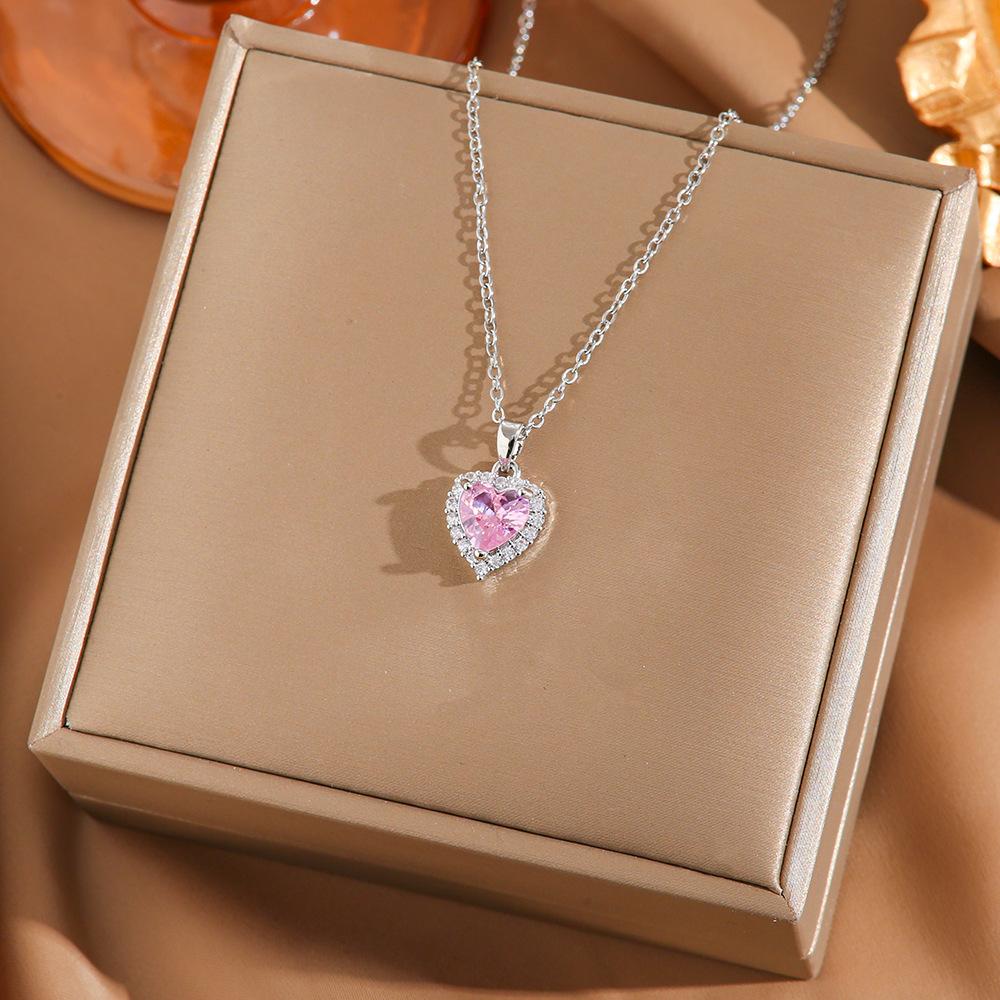 [Micro-Set Pink Zircon Titanium Steel Necklace Sweet Light Luxury Fashion Choker Jewelry]