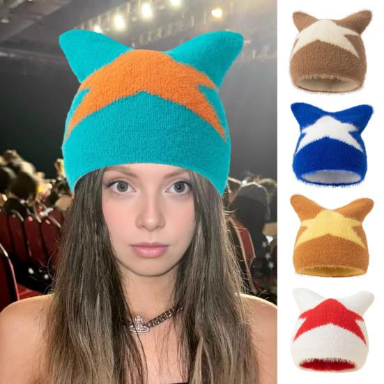 Women Hat Star Pattern Cat Ear Shape Thickened Warm Elastic Design Knitting Hat Outdoor Activities Headwear