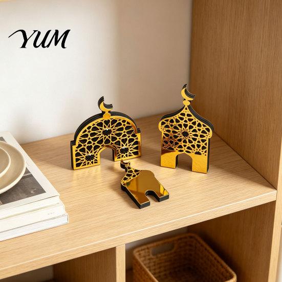 Compact Party Decorations 3PCS Ramadan Golden Castle Ornament, Hollow Mosque Design, Thick Wood And Indoor Aesthetic Ornaments Acrylic Desktop