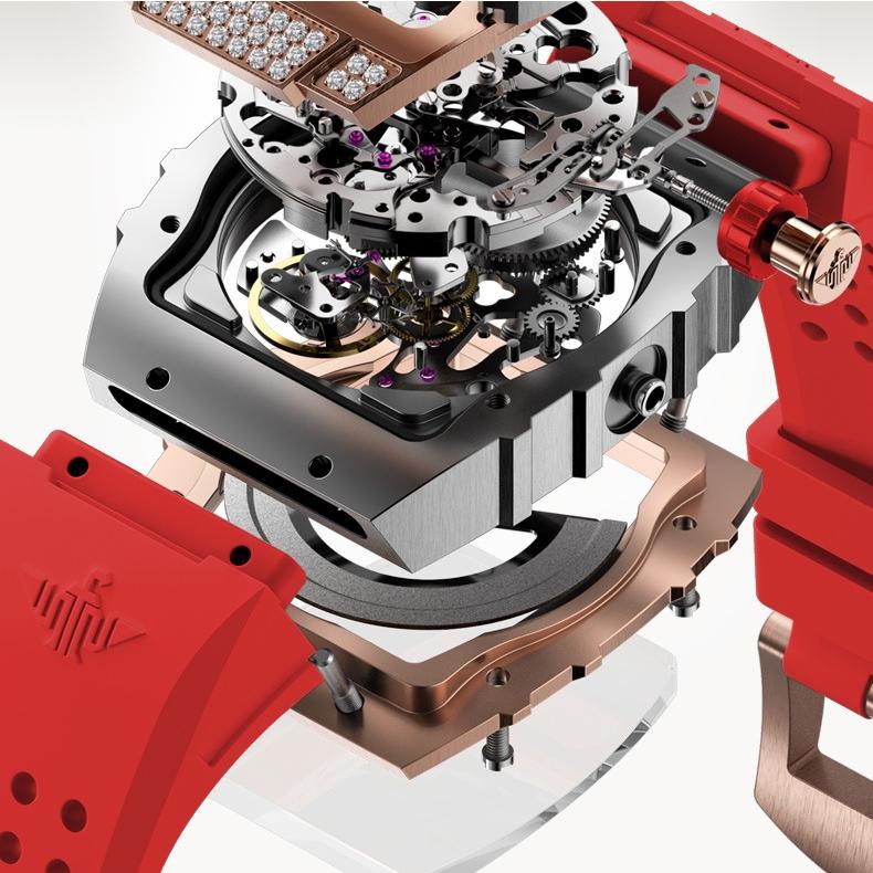 OUPINKE Uhr Hohl Weinfass Mechanische Uhr Mode Silikon Gürtel Wasserdicht Damen Uhr Damen Uhr