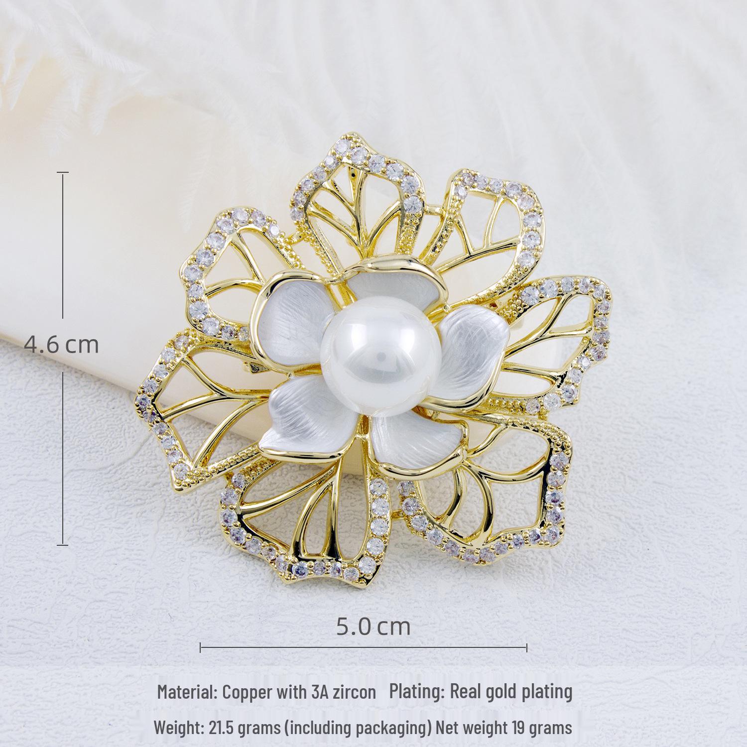 Camellia Pearl Brooch: Elegant Copper Micro-Inlaid Zirconia Pin for Women s Luxury Suits