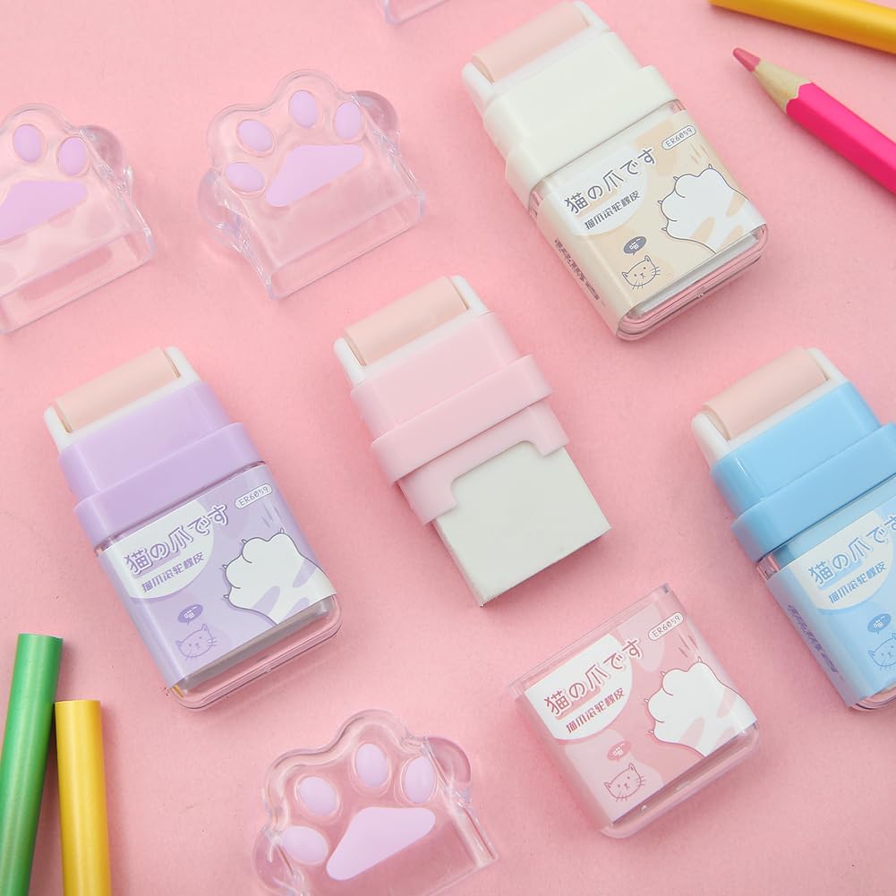 4Pcs Cat Paw Roller Eraser, Colorful Cute Cat Rubber, Kids Eraser with Shaving Roller Case for School Office Supply Stationery, 70 X 31 X 15mm