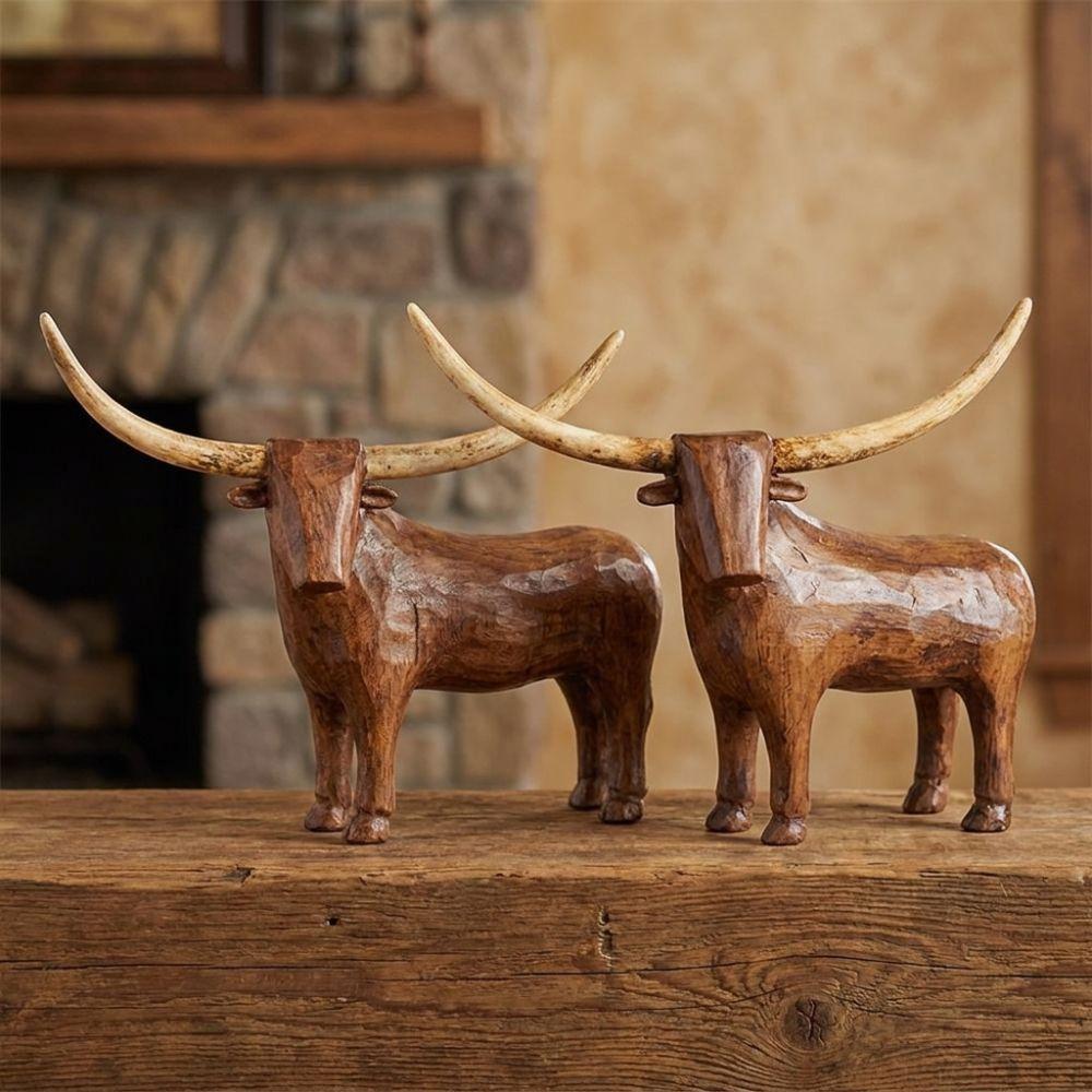 Vintage Style Longhorn Bull Sculpture Western Style Rugged Sheep Cow Figurine Handcrafted Rustic Longhorn Bull Craft Ornament
