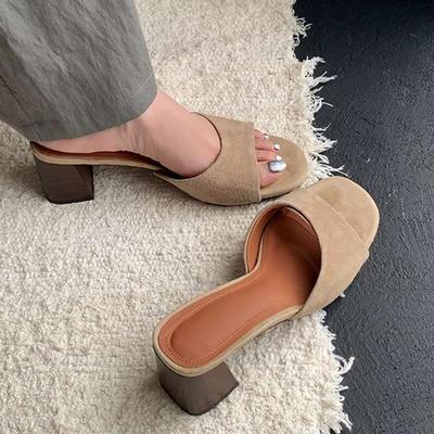 Sheepskin Suede Mules Summer Size 40 Outside Slippers Flip Flops Thick High Heels Women Peep Toe Sandals
