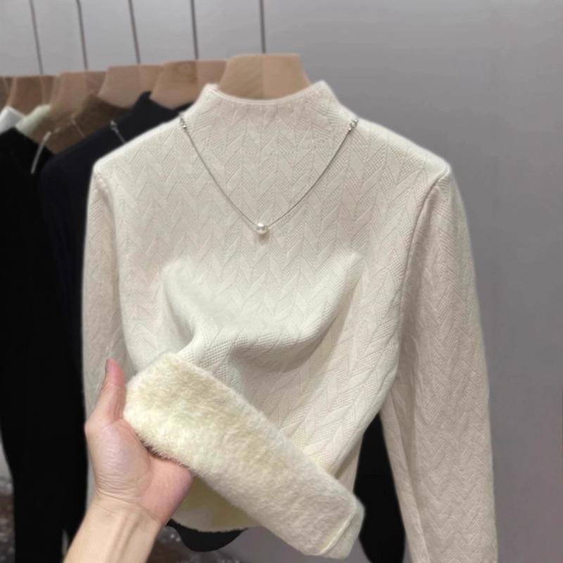 Semi-turtleneck fleece thickened integrated fleece sweater women's autumn and winter new inner bottoming shirt thermal top