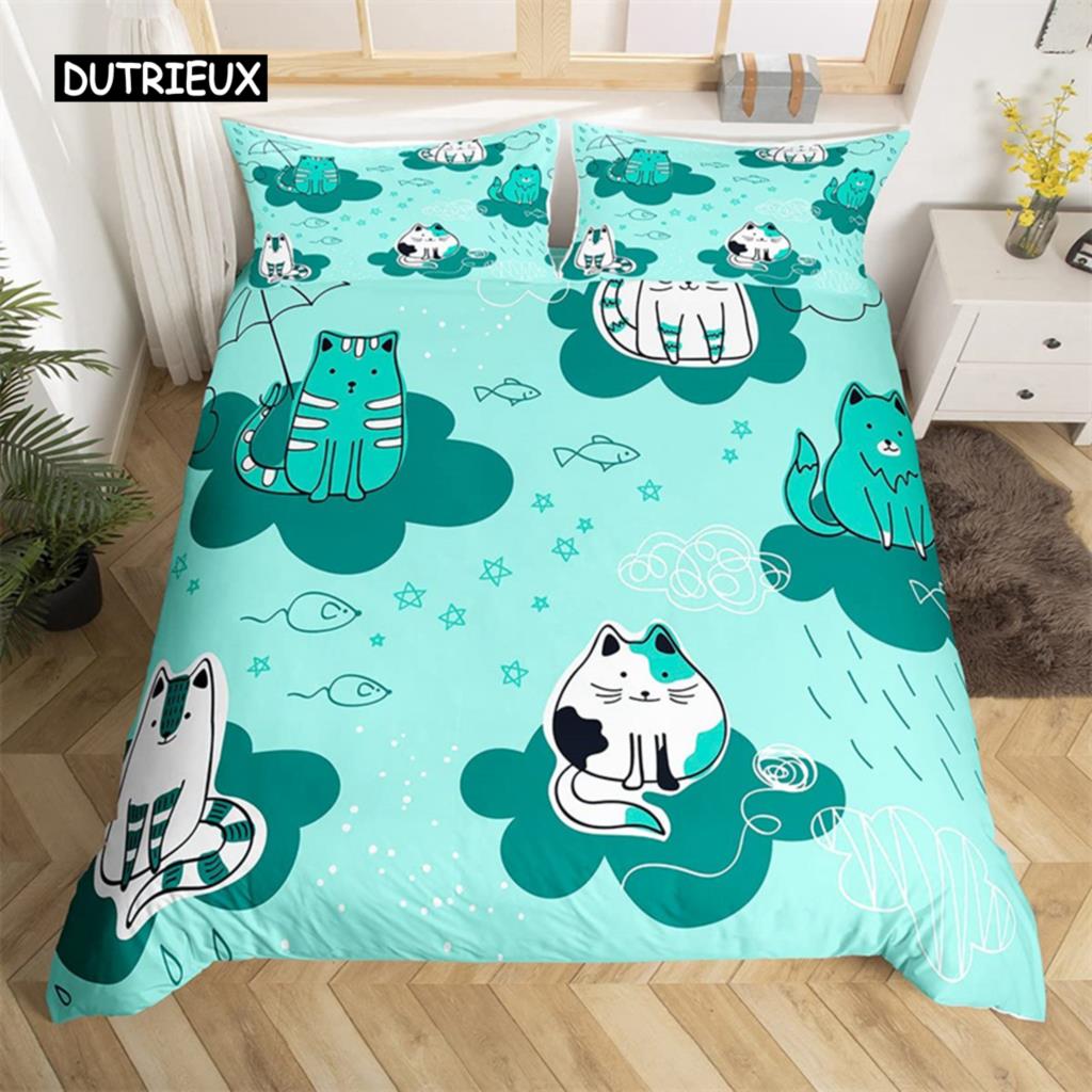 Cartoon Animal Duvet Cover Twin King Cute Cat Bedding Set Microfiber Paw Butterfly Floral Comforter Cover For Kids Girl Bedroom