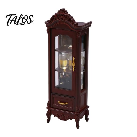 European Style Doll Mansion Accessory Miniature Curio Cabinet, 1/12 Scale Mini Wine Wooden Tiny Display Cabinet with Detailed Furniture Drawer,