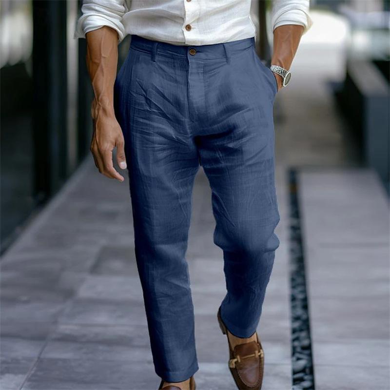 Men's Youth Linen Solid-Colour Slanted-Pocket Breathable Casual Trousers for Everyday Outdoor Wear