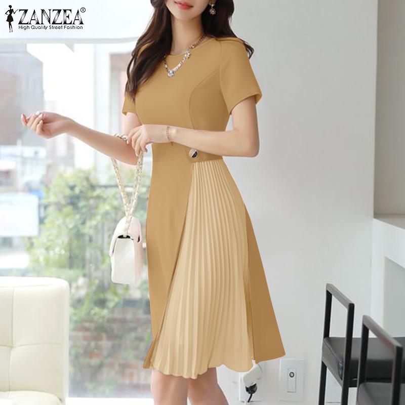 ZANZEA Women Summer Round Neck Short Sleeve Casual Patchwork Dress