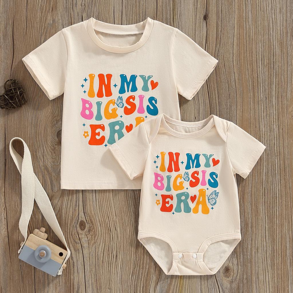 Big Sister Little Sister Matching Outfits Kids Baby Girl Summer Clothes Letter Print Short Sleeve Romper/T-Shirts
