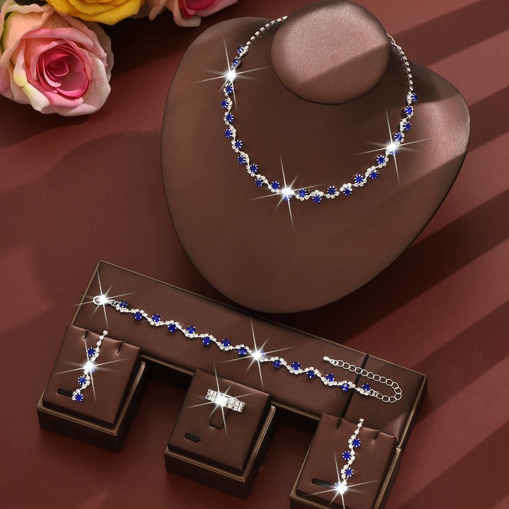 Silver Diamond Necklace Earrings Bracelet Three-piece Set