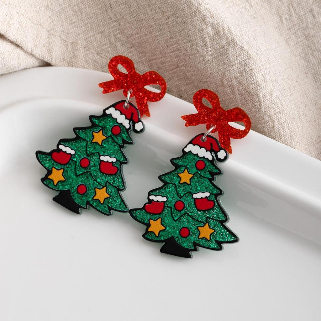 Colorful Christmas Tree Earrings with Bowknot - Cute and Creative Acrylic Studs