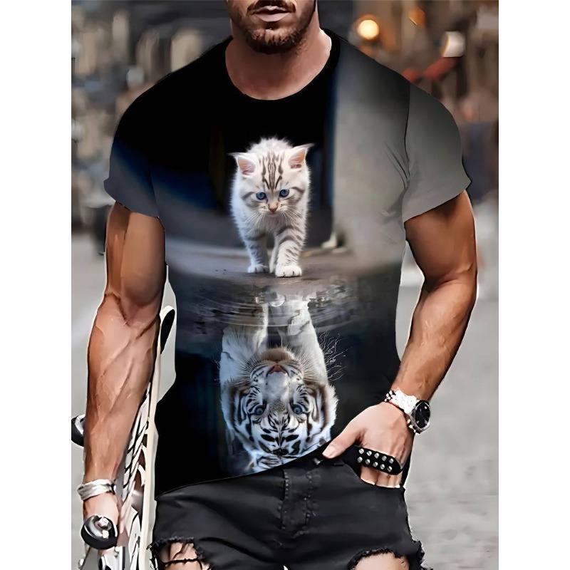 3D Cat Animal Pattern Short Sleeved T-shirt for Summer, Breathable and Sweat Proof Top Men's T-shirts