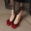 Schwarze Kawaii-Damen-Sommerschuhe, eckige Zehenpartie, niedlicher niedriger Absatz, elegant mit Schleife, für Damen, 2025 Rot Y2k im Angebot, Chic Point