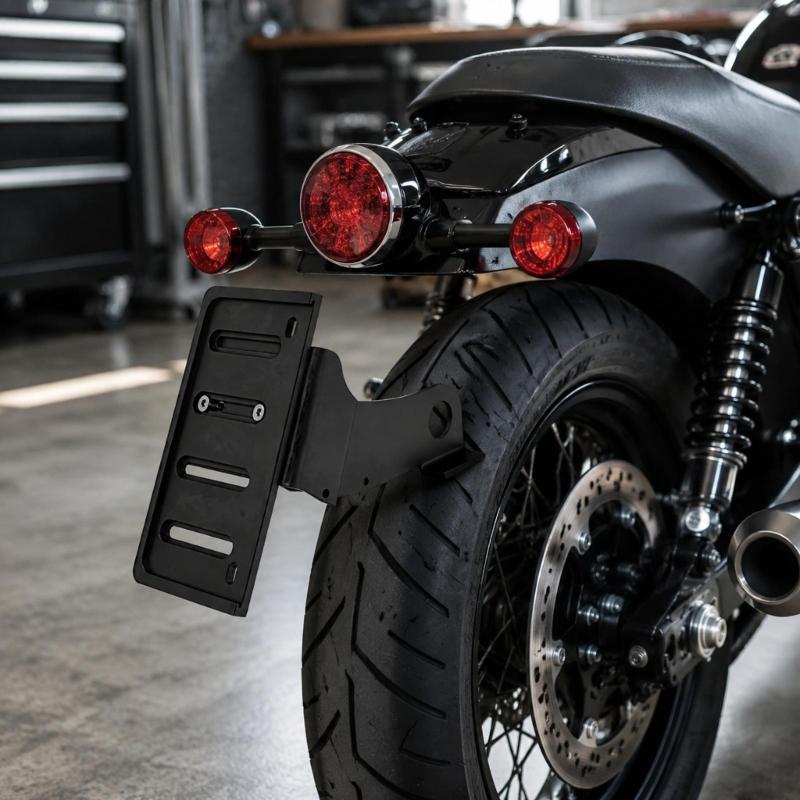 Bolt-On Motorcycle License Plate Bracket, Side-Positioned Rear Plate Mount Black Aluminum and Multiple Slots
