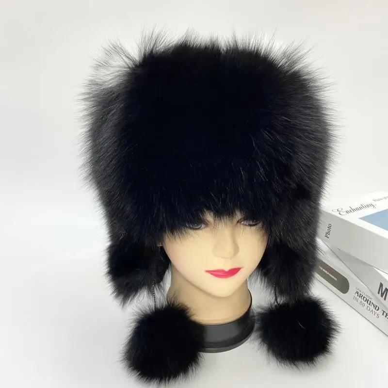 Winter Hat Woman Warm Cat Ushanka Balaclava Russian Fox Fur Trapper Women Bomber Hats Luxury Furry Snow Cap Earflap Fox Fur Hat
