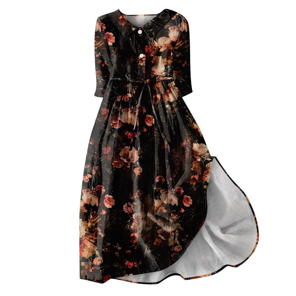 Women's Fashion Retro Floral Print Lapel Button Three Quarter Sleeve Dress