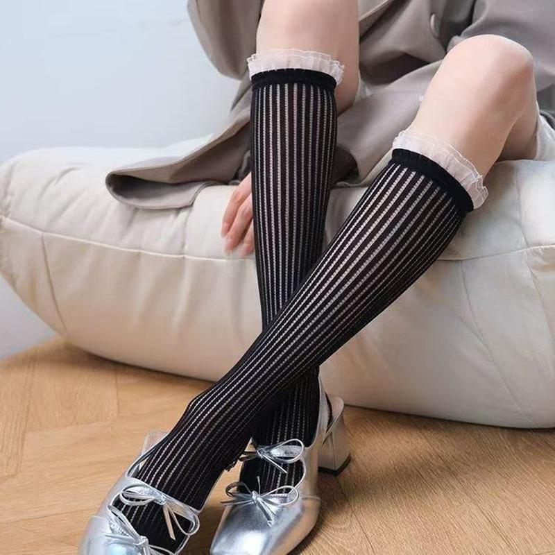 Summer Thin Socks 3 Pairs Women Fashion Lace Ruffles Mesh Long Socks Mid-calf Ladies Stockings Sweet Lolita White Black Grey One Size