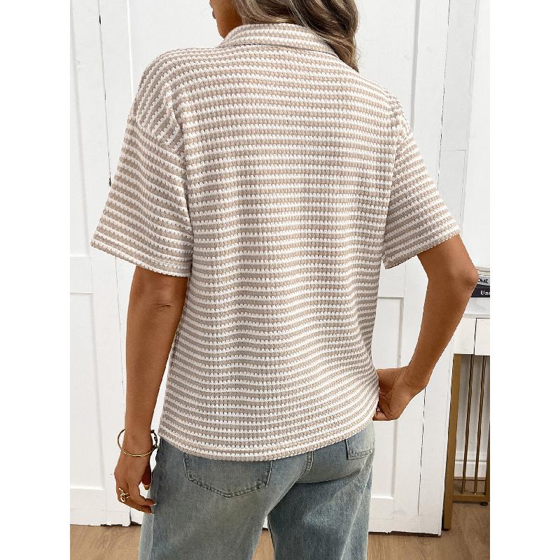 2026 Women's Turn-down Collar Solid Color Knitted Pullover Loose Short Sleeve Casual T-shirt