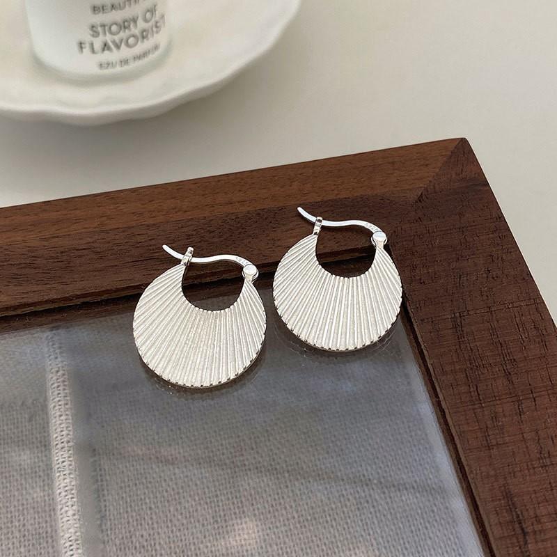 ANENJERY Silver Color Geometric Texture Stripe Hoop Earrings for Women Simple Niche Design Jewelry Accessories
