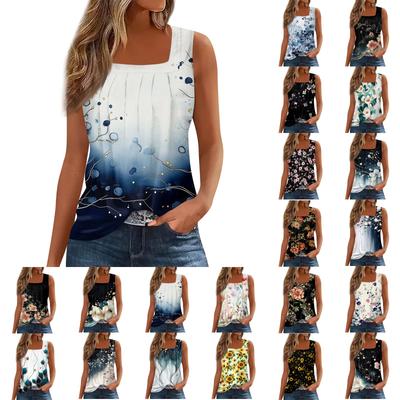 Women's Summer Casual Pleated Square Neck Sleeveless Tank Top Printed T-Shirt