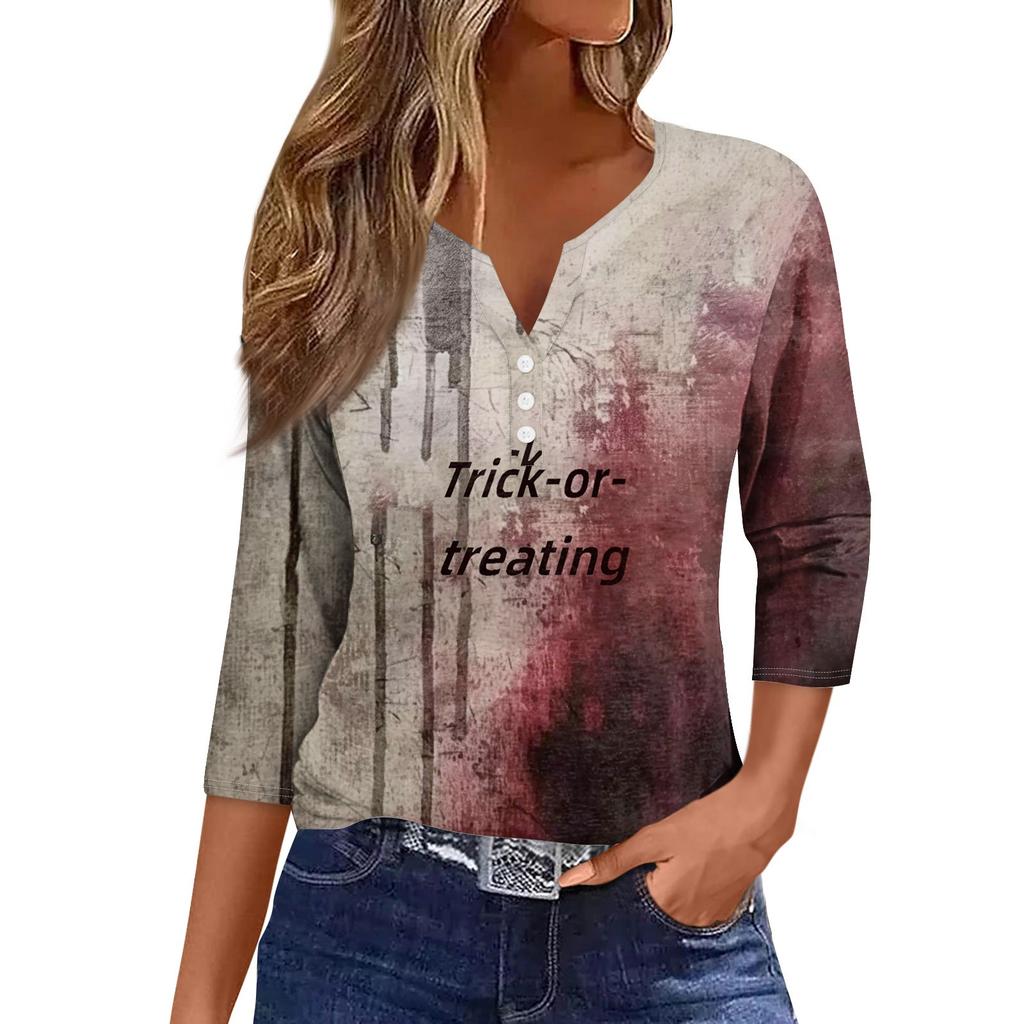 Damesmode Casual Halloween Print V-hals Korte Mouw Decoratieve Knop Driekwart Mouw T-shirt Top