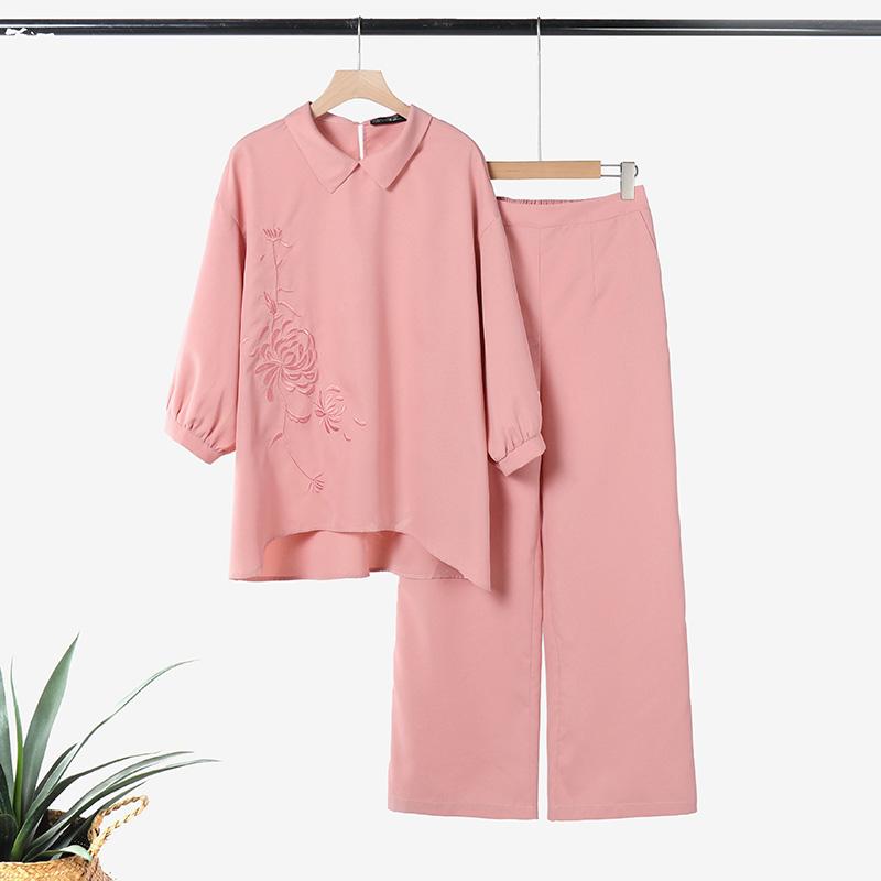 

ZANZEA Женская блузка с рукавом 3/4 и вышивкой и брюки, повседневные костюмы-двойки S розовый