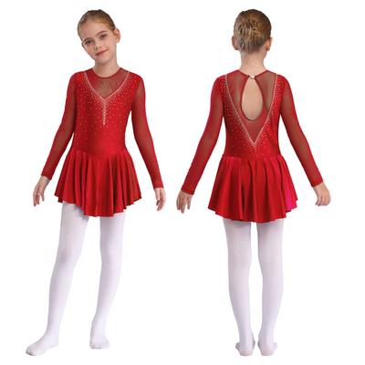 Girls Long Sleeve Skating Dress Round Neckline V Shape Rhinestone Decorated Patchwork Style Hollow Back Dresses