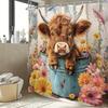 Funny Highland Cow Shower Curtain, Cute Calf with Sunflower, Graffiti Wood Board Art, Fabric Bath Decor,12 Plastic Hooks