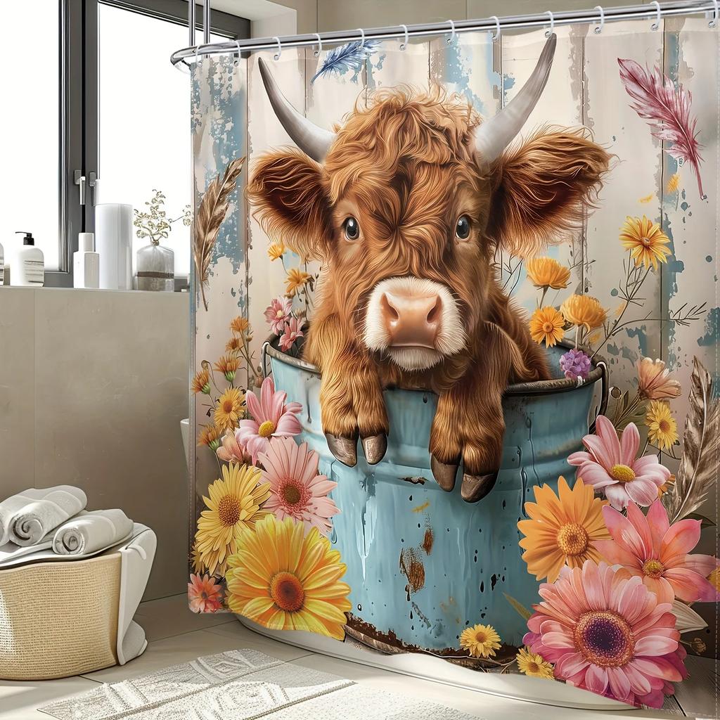Funny Highland Cow Shower Curtain, Cute Calf with Sunflower, Graffiti Wood Board Art, Fabric Bath Decor,12 Plastic Hooks