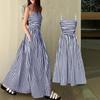 Women Black and White Striped Strappy Maxi Dress