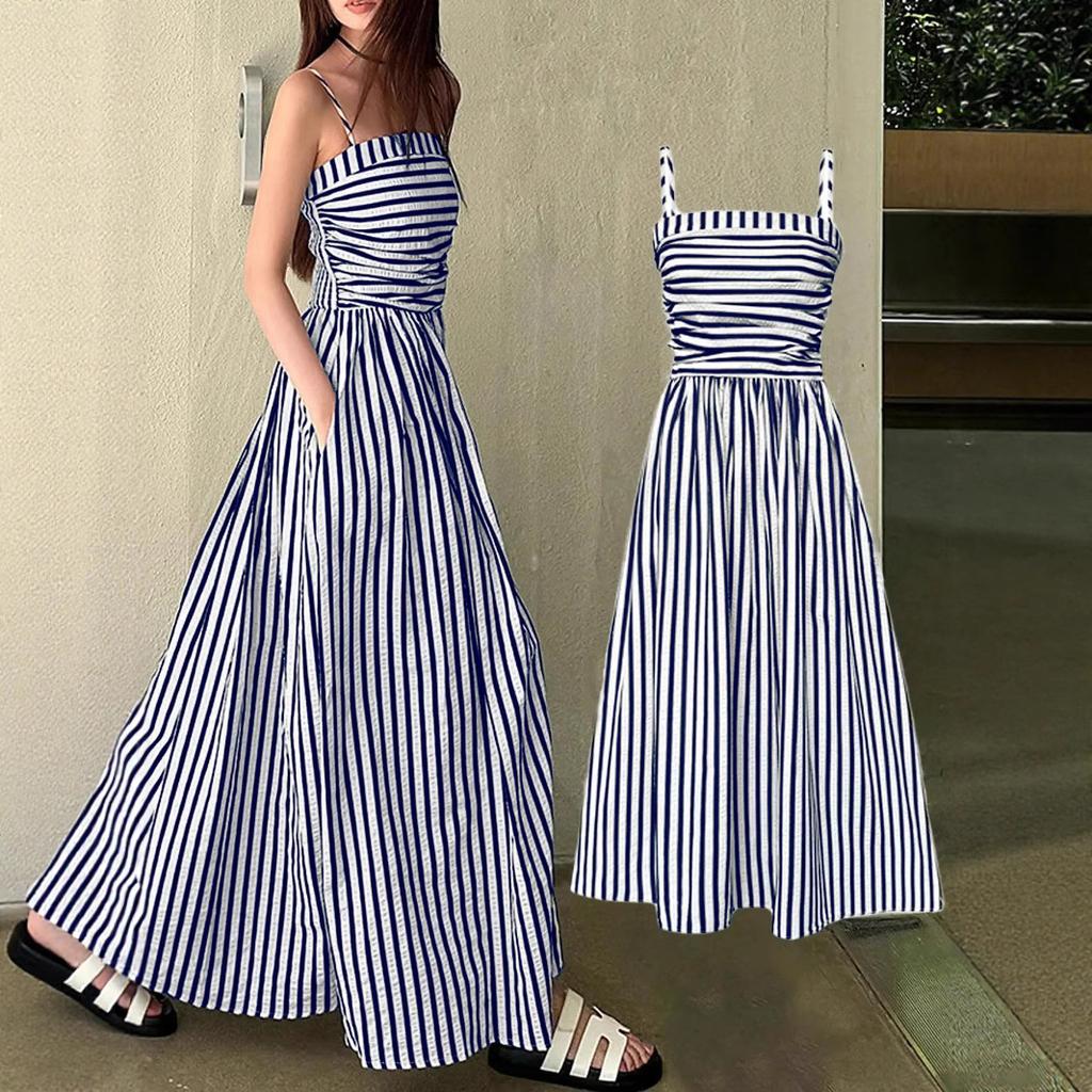 Women Black and White Striped Strappy Maxi Dress