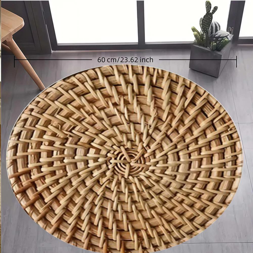 Woven Rattan Pattern Round Rug Natural Boho Style Flannel Carpet for Living Room Bedroom Yoga Meditation Space Eco Friendly Home 60cm