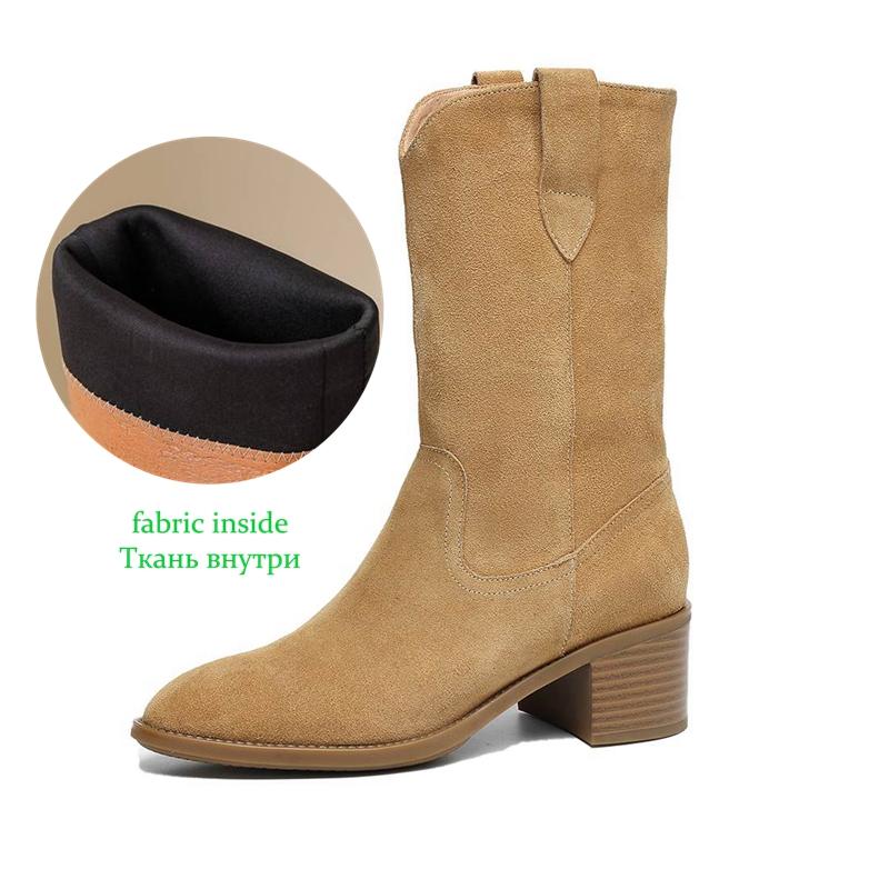 Krazing Pot Cow Suede Nubuck Winter Round Toe Modern Boots Med Heels Slip on Knitwear Women Mid-calf Boots