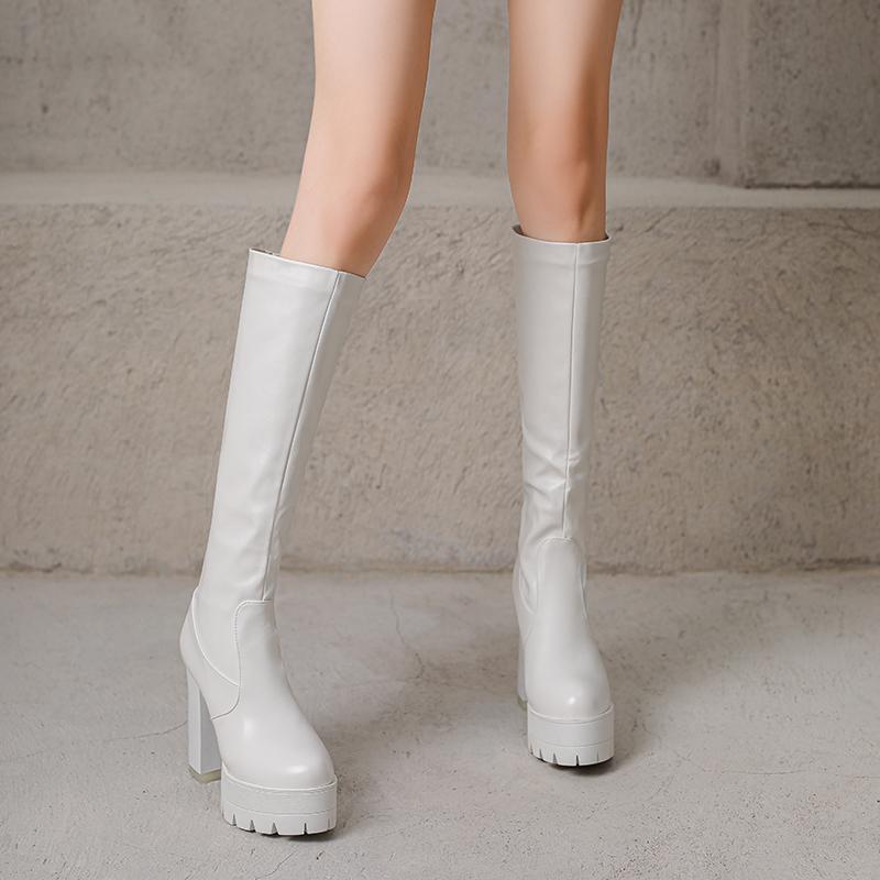 Women's high-heeled boots autumn and winter new waterproof table thick-heeled large-size solid-color medium boots