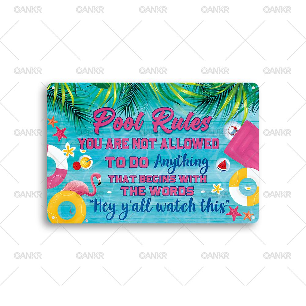 Vintage Pool Rules Metal Tin Sign Fun Tropical Design Poster Metal Signs for Bar Home Swimming Pool Wall Decor Plaque 20x30cm（7.8x11.8inch）