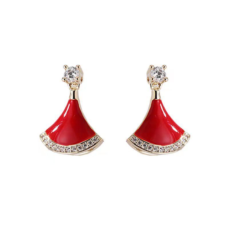 Small Fan Classic Red Earrings, Auspicious and Joyful New Year Earrings, Micro Set with Drip Glaze S925 Silver Needle, Primordial Year Earrings