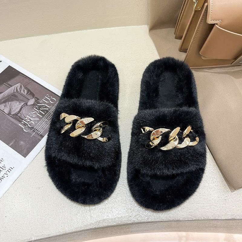 Internet celebrity fairy fluffy slippers female outer wear thick bottom heightening non-slip autumn and winter ins home chain plush slippers
