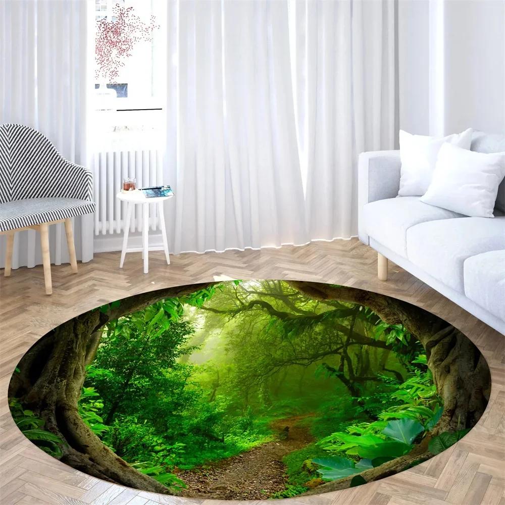 Forest Tree Landscape Print Round Carpet Non-slip Floor Mat Soft Indoor Circle Area Rug for Living Room Bedroom Dorm Kitchen