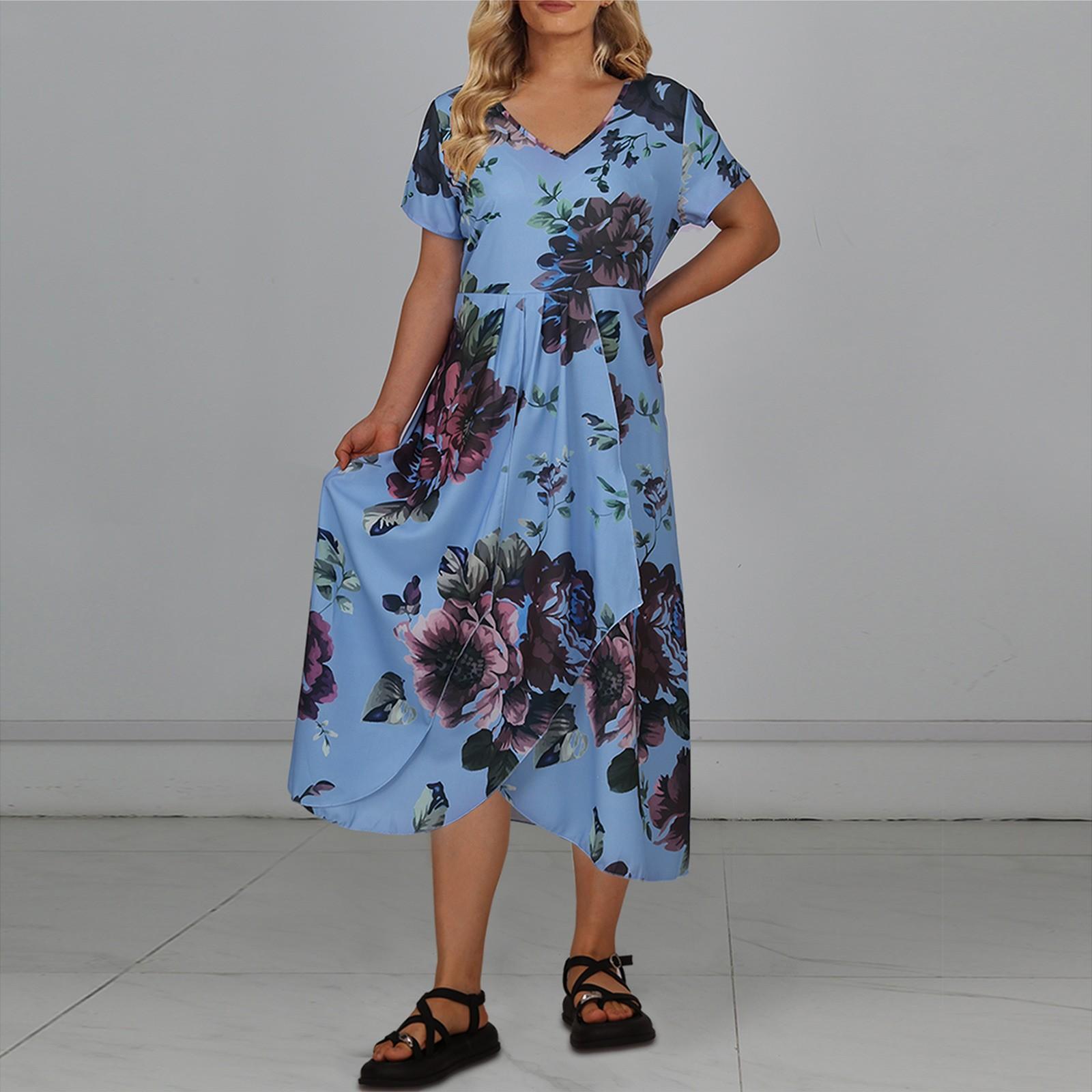 

Женское повседневное большое длинное платье с v-образным вырезом и молнией с короткими рукавами и вставками с принтом XXXL