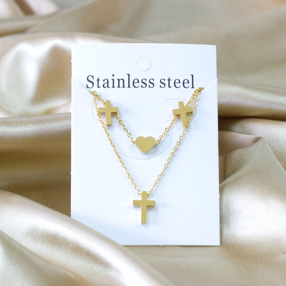 Double Chains Necklace And Earrings Zircon Sets Female Wedding Party Cubic Zirconia 316L Stainless Steel Pendant Zircon Gifts