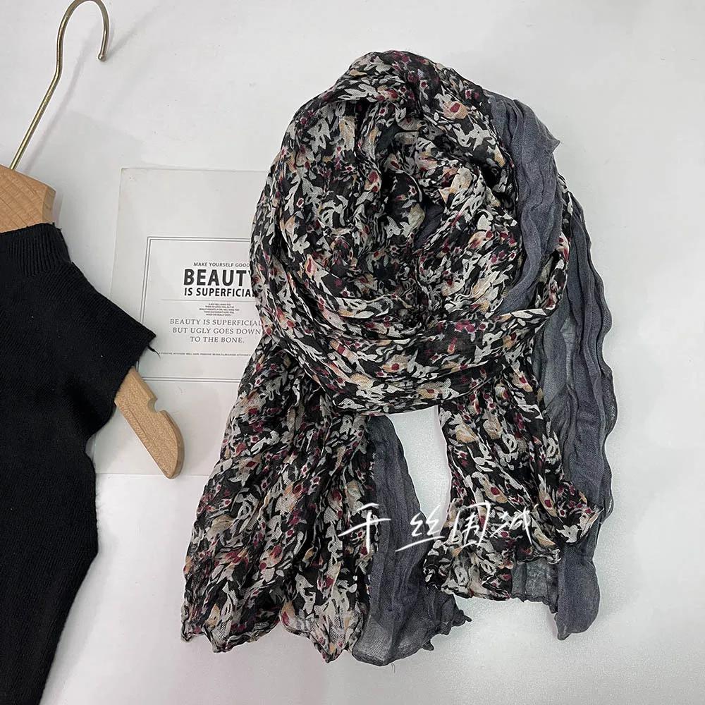 Vreovor Spring Autumn Thin Floral Scarf Women'S New Vintage Japanese Cotton Hemp Texture Silk Summer Sunscreen Headscarf Beach