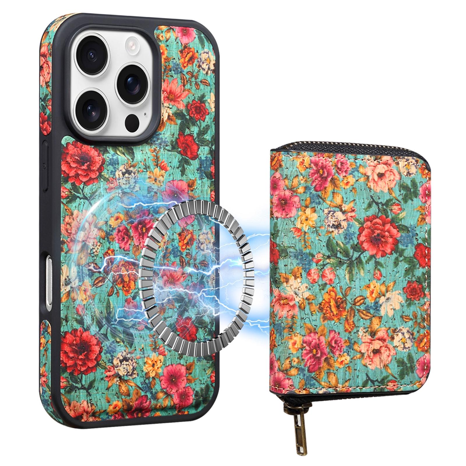 

For iPhone 16 Pro Max Magnetic Case with Detachable Zipper Card Bag Flower Leather Back Cover Blue