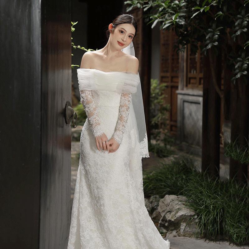 French Lace Long Sleeve Light Wedding Dress New Bride Shoulder Mori Out Dress Retro Fishtail Dress Dress