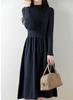 Yino Knit Midi Long High Slim Everyday Women's Dress, Sleeves, Flared, Waist, Fit, Stretchy, Slimming, Figure-Flattering, Warm, Cute, Stylish, Wear,