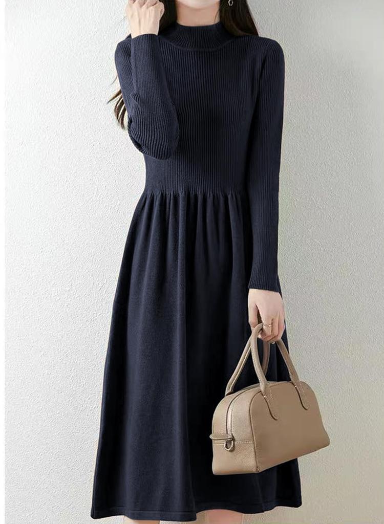 Yino Knit Midi Long High Slim Everyday Women's Dress, Sleeves, Flared, Waist, Fit, Stretchy, Slimming, Figure-Flattering, Warm, Cute, Stylish, Wear,