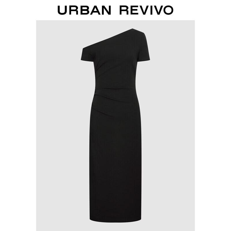 UR2026 Women s Asymmetric Shoulder Pleated Slim Dress XS