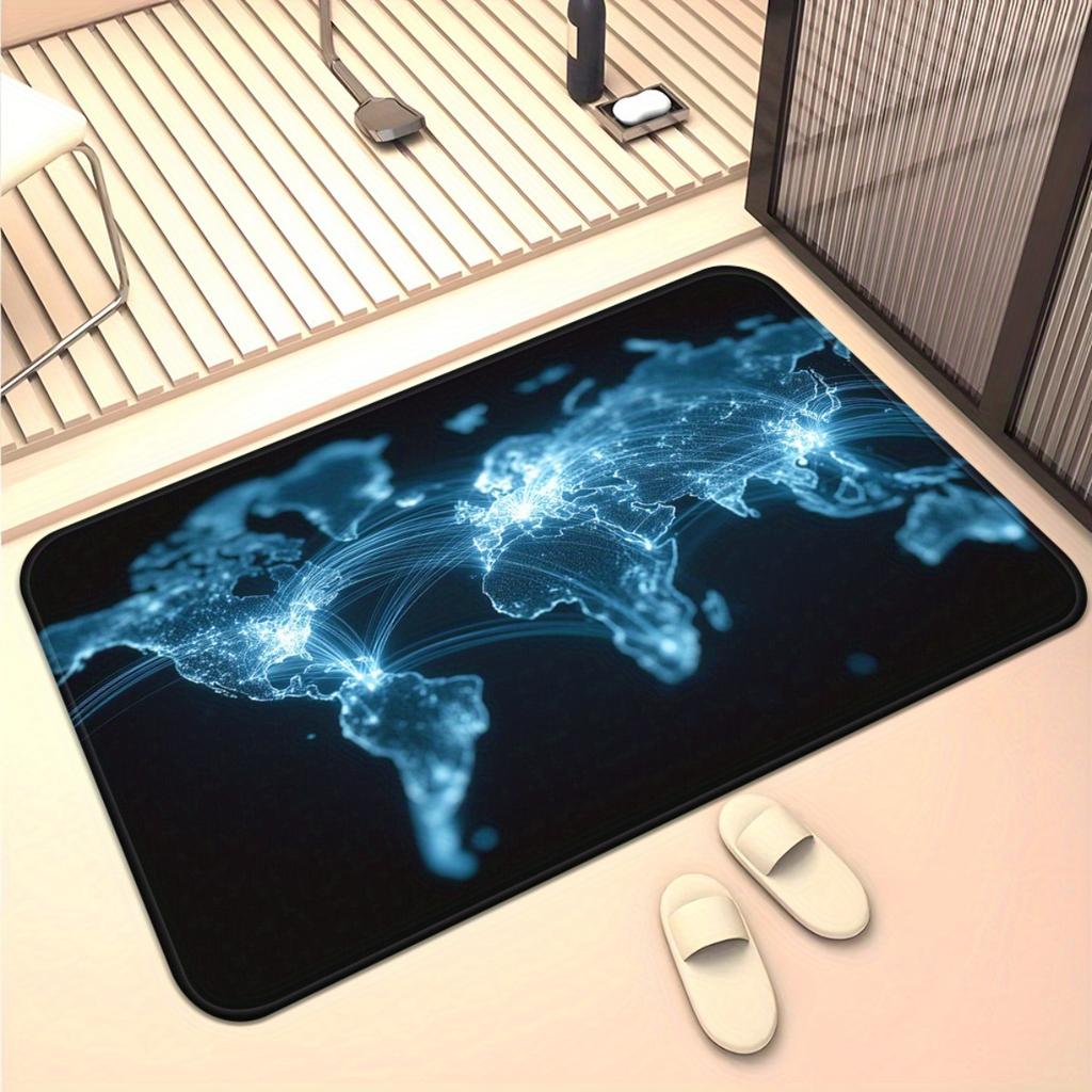 1pc World Map Design Door Mat - Non-Slip Backing, Machine Washable Absorbent Mat with Glowing Global Network Pattern in Blue/Bla